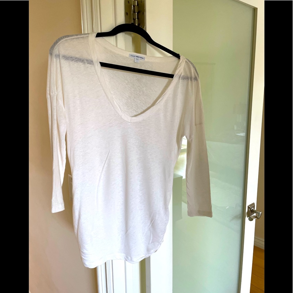 James Perse White Rauched Sides V-Neck Top
